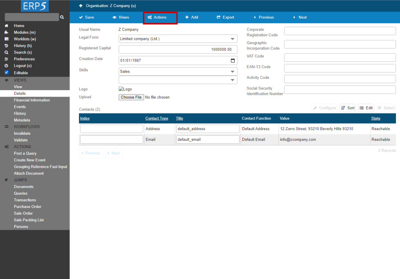 Validate new organisation (1): Click on the 'Action' tab